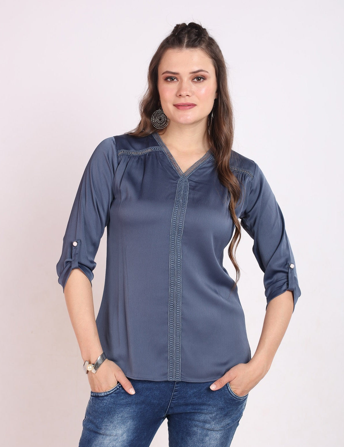WOMENS SOLID TOP WITH LACE DETAIL - GREY