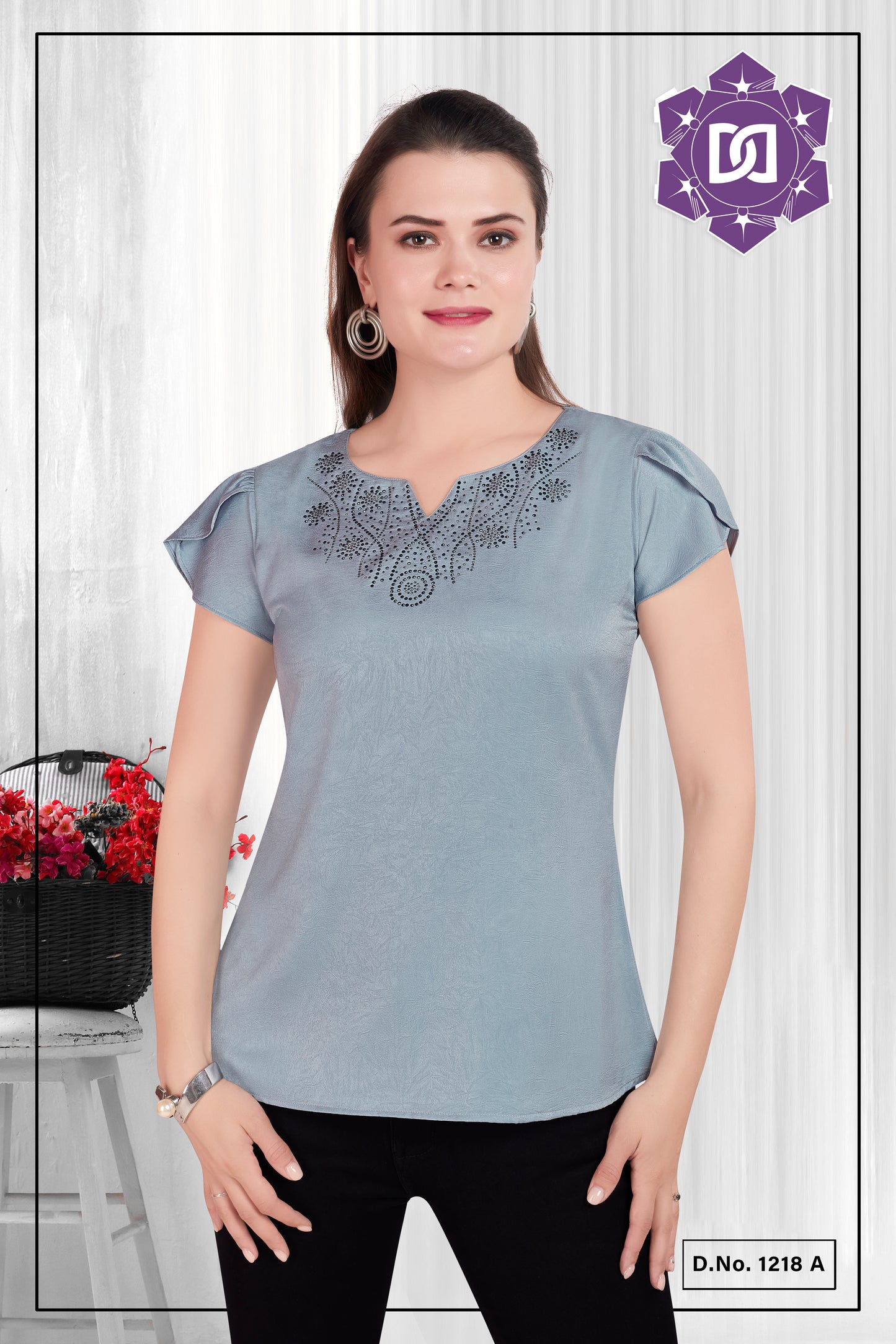 WOMENS SOLID TOP WITH DIAMOND EMBELLISHMENT - GREY