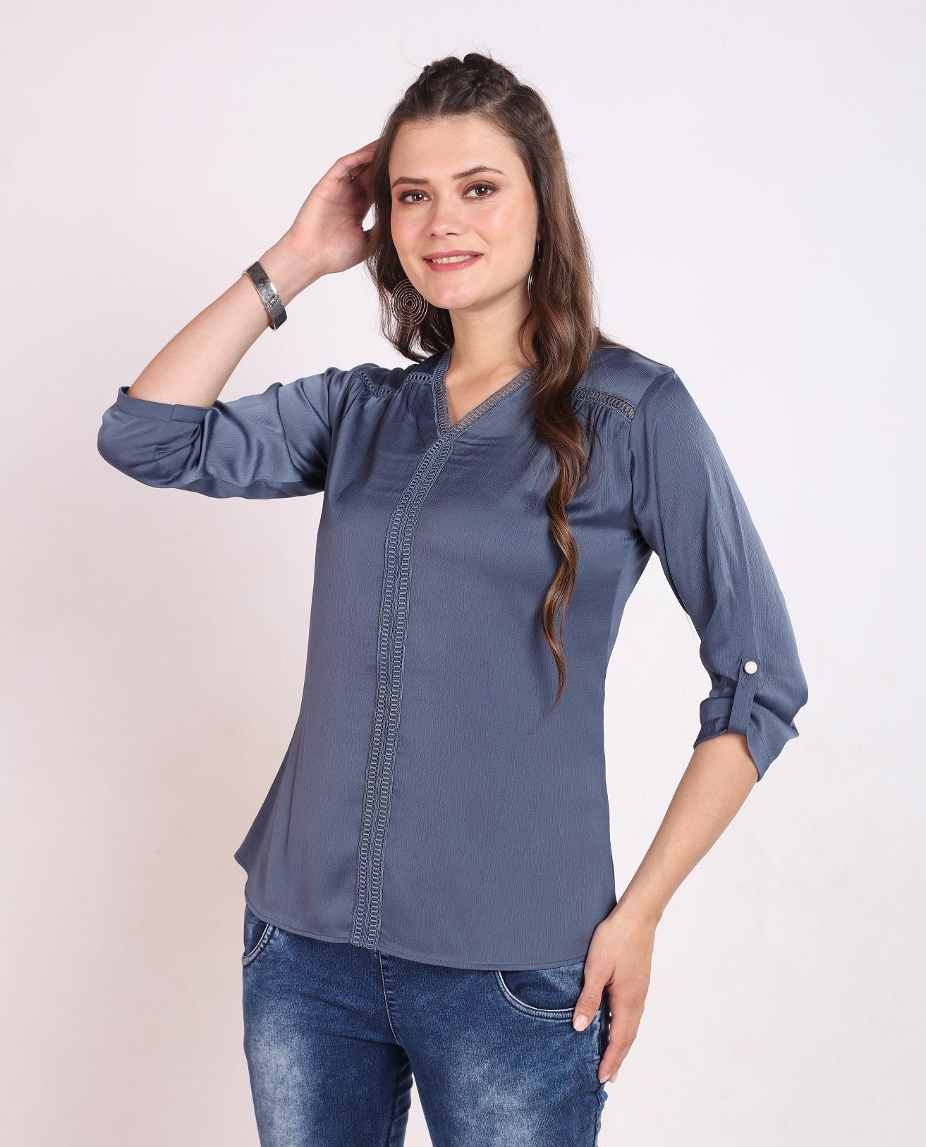 WOMENS SOLID TOP WITH LACE DETAIL - GREY