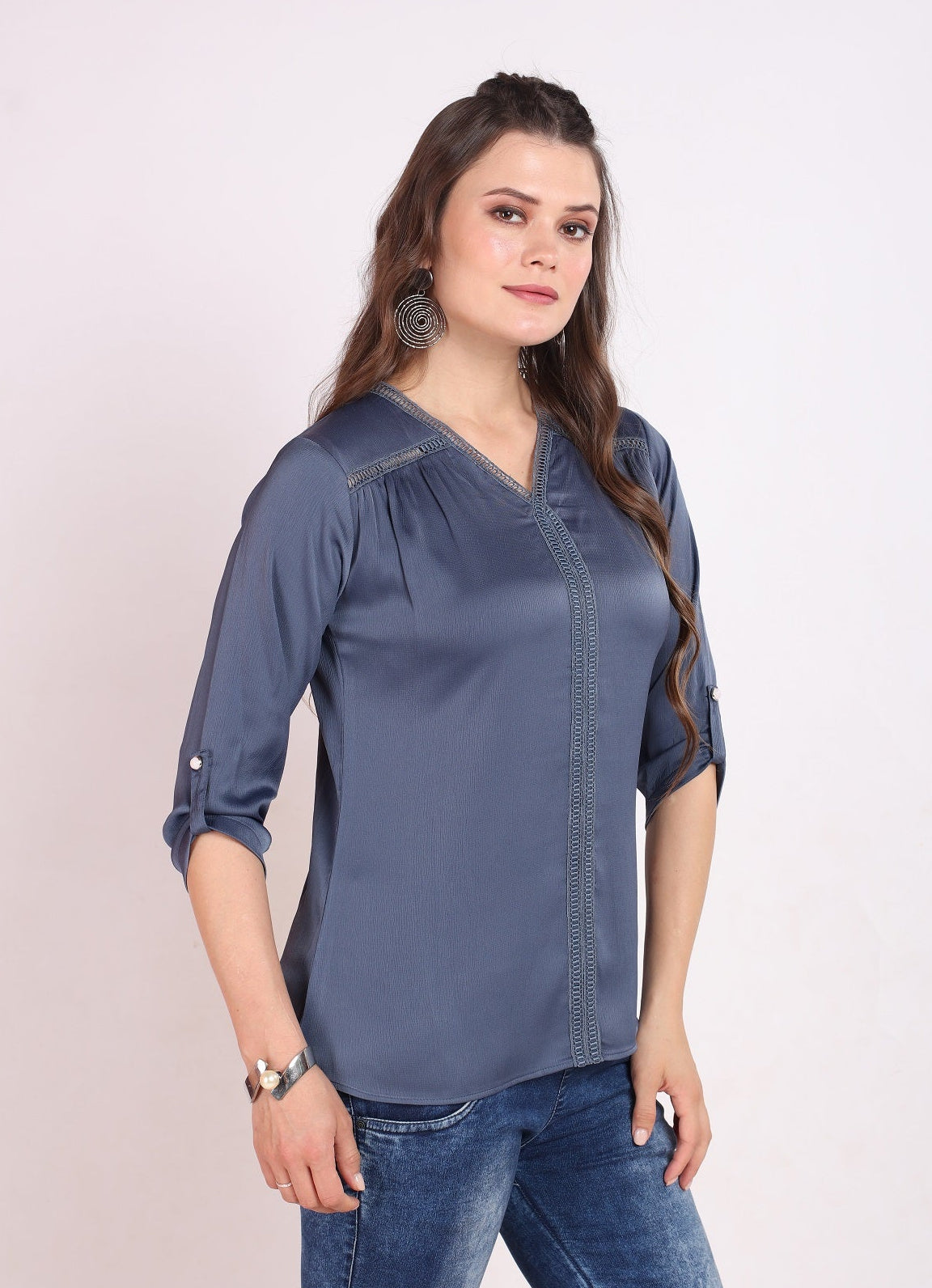 WOMENS SOLID TOP WITH LACE DETAIL - GREY