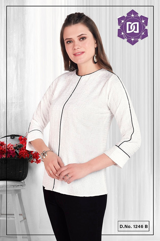 A woman wearing a white regular fit western top with full sleeves and a round neckline. The top appears to be made of rayon fabric with a relaxed fit.