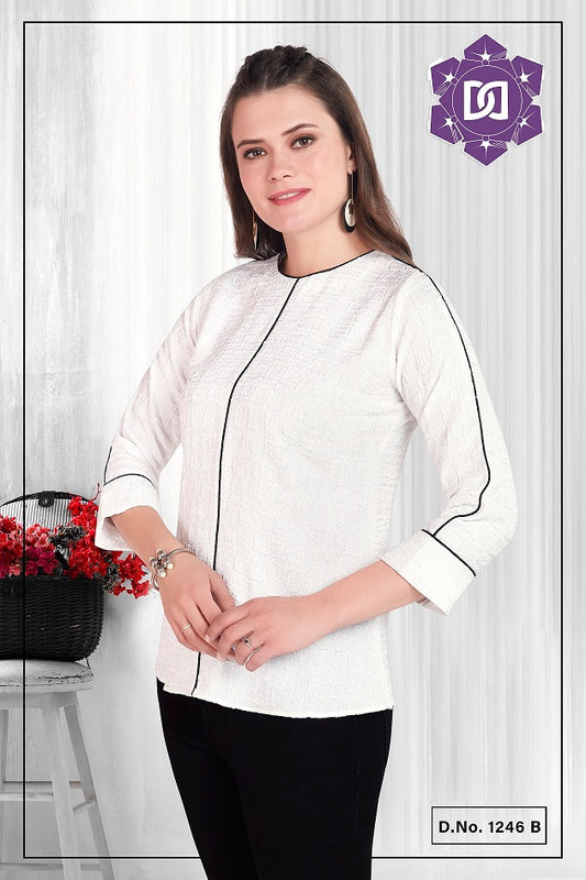 A woman wearing a white regular fit western top with full sleeves and a round neckline. The top appears to be made of rayon fabric with a relaxed fit.