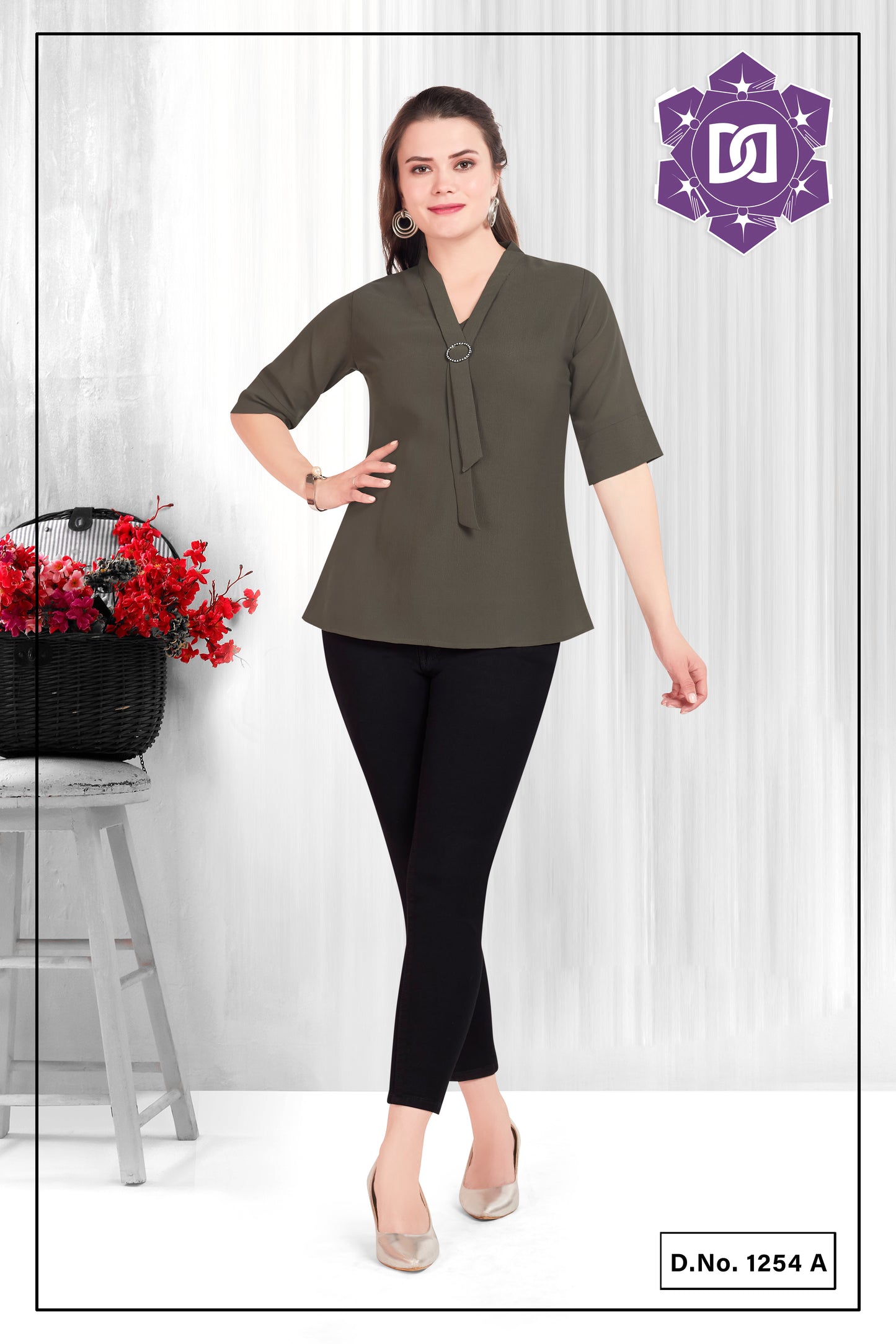 SOLID V NECK TOP WITH TIE UP - GREY