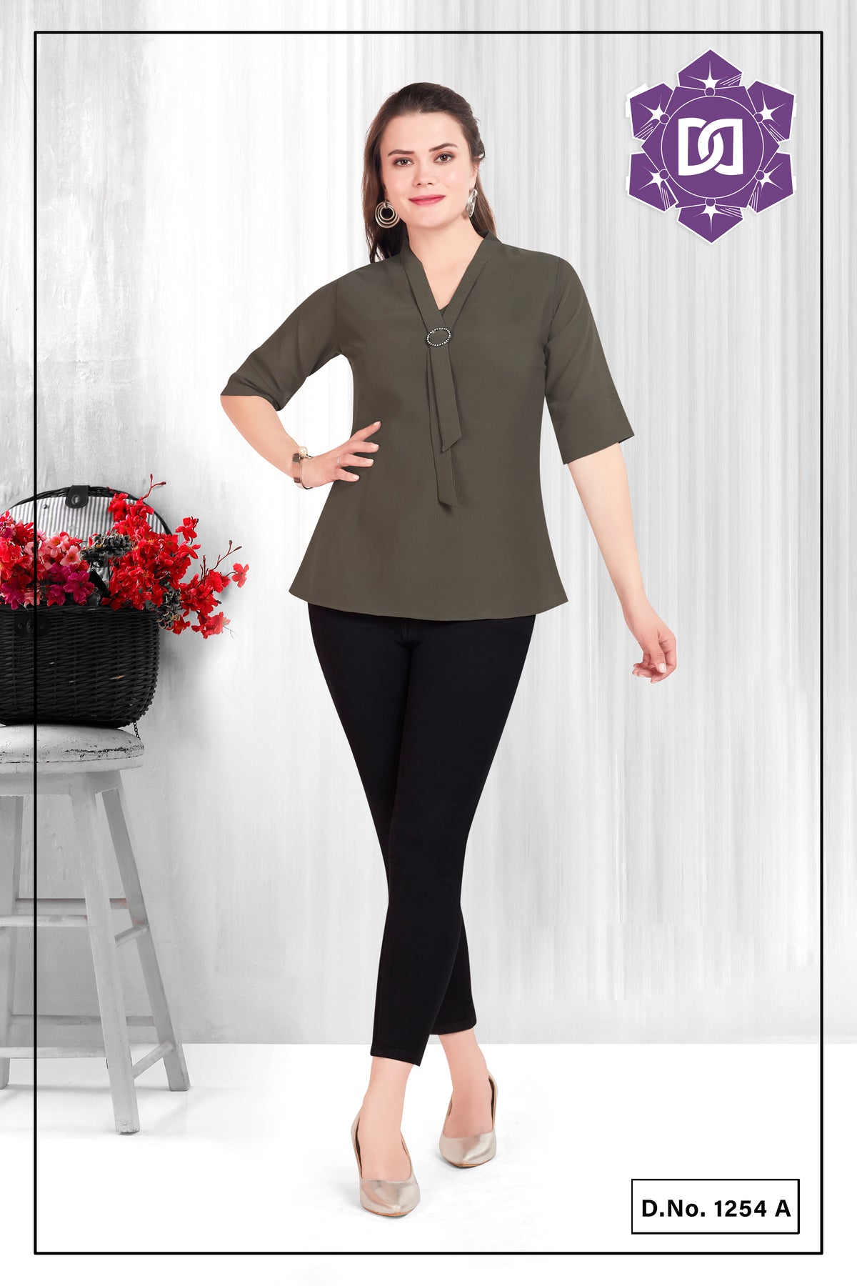 SOLID V NECK TOP WITH TIE UP - GREY