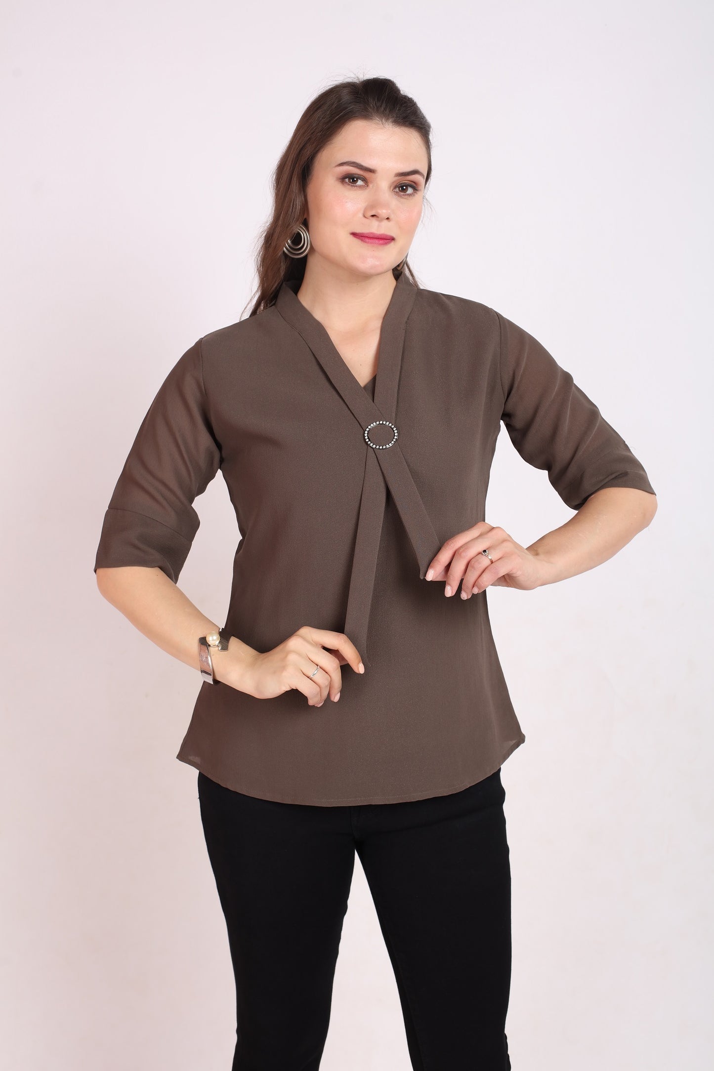 SOLID V NECK TOP WITH TIE UP - GREY