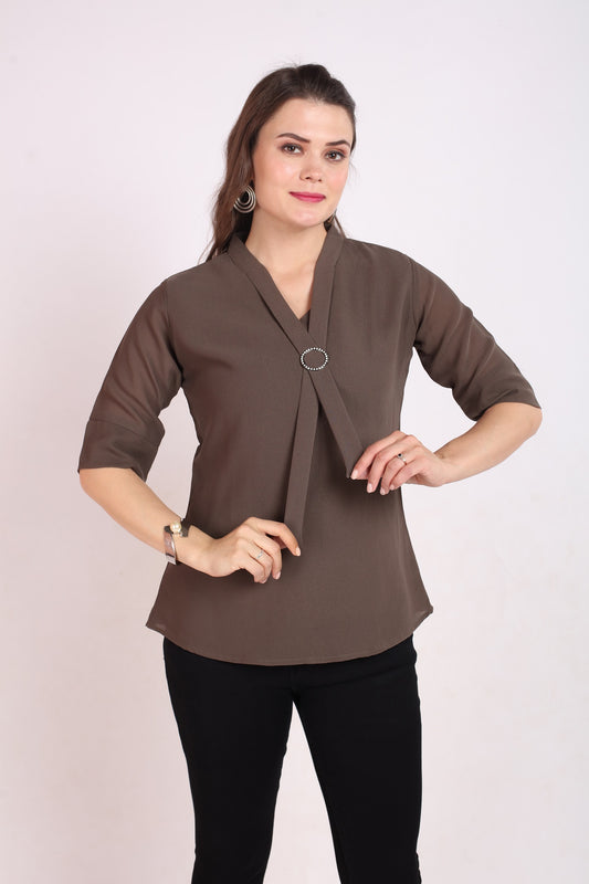 SOLID V NECK TOP WITH TIE UP - GREY