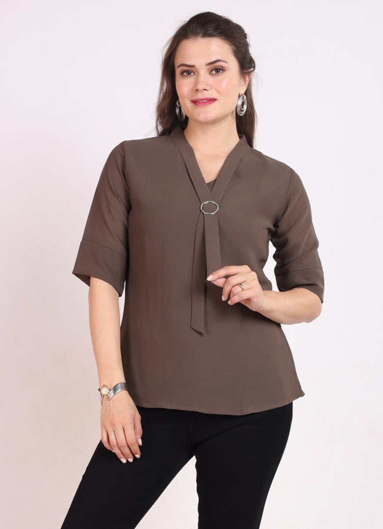 SOLID V NECK TOP WITH TIE UP - GREY