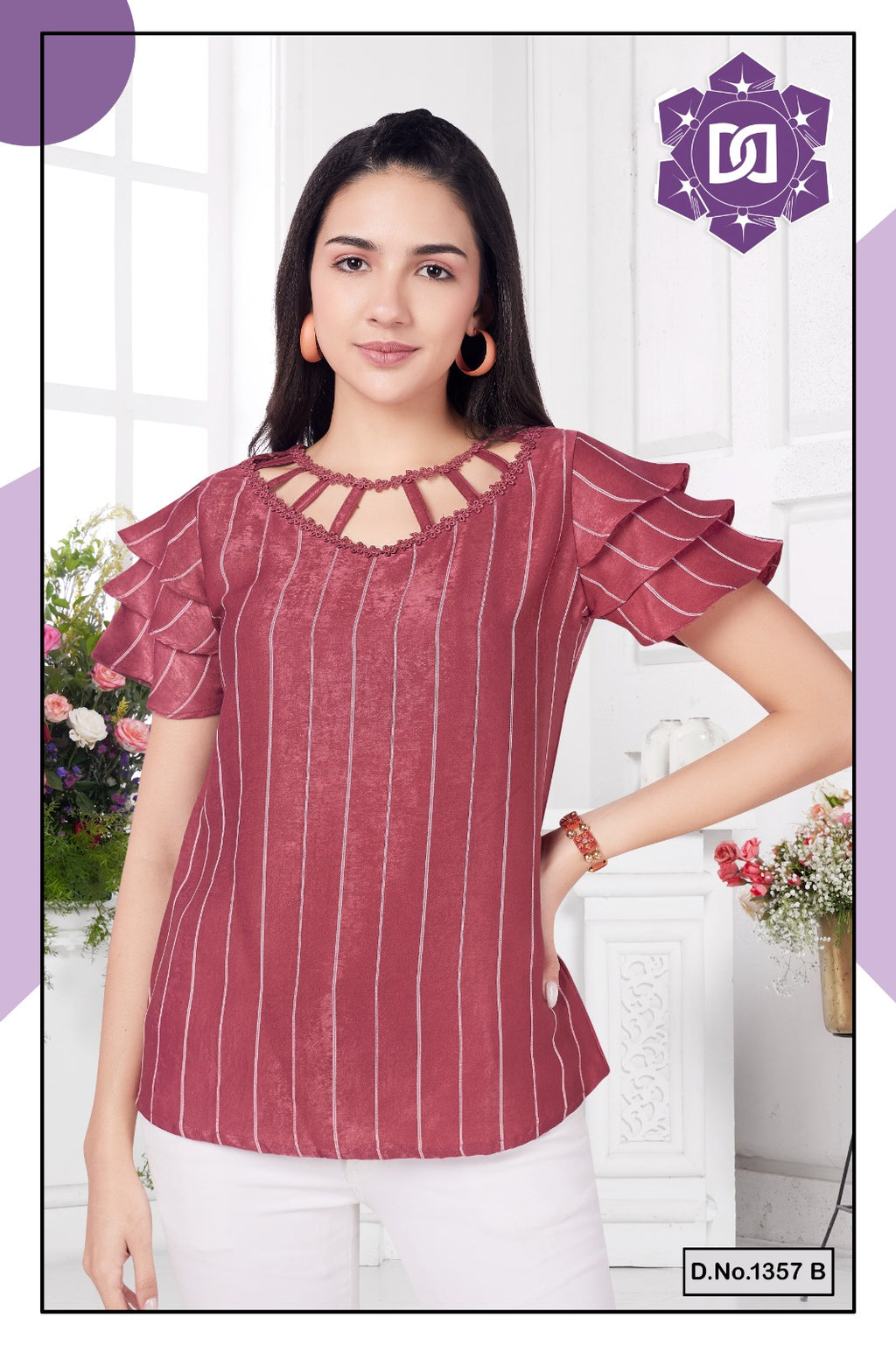 TEXTURED TOP WITH RUFFLE SLEEVES - PINK