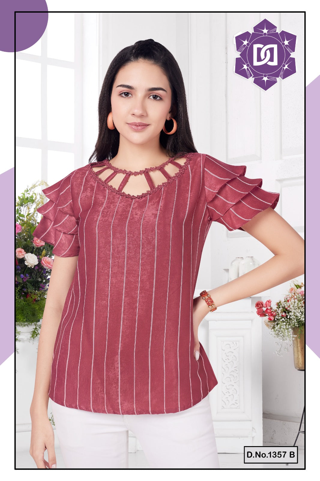 TEXTURED TOP WITH RUFFLE SLEEVES - PINK