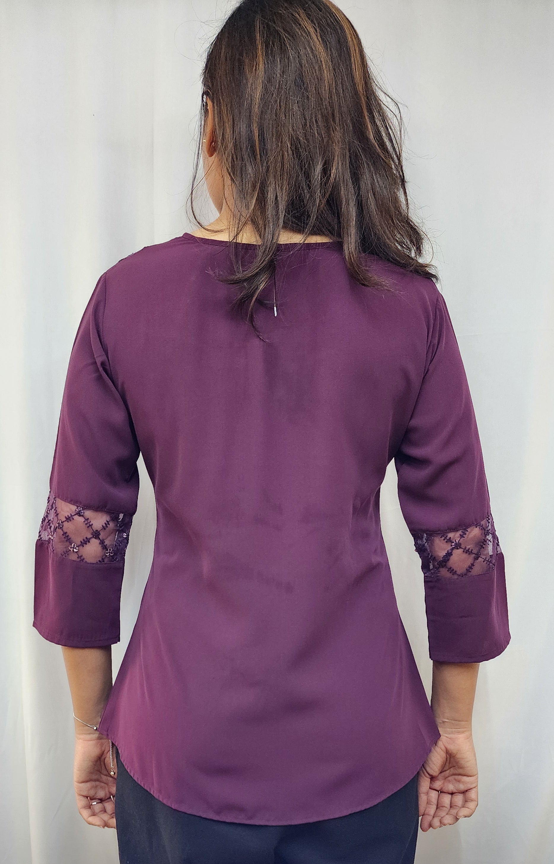 WOMENS PURPLE SOLID TOP WITH EMBROIDERY DETAILS
