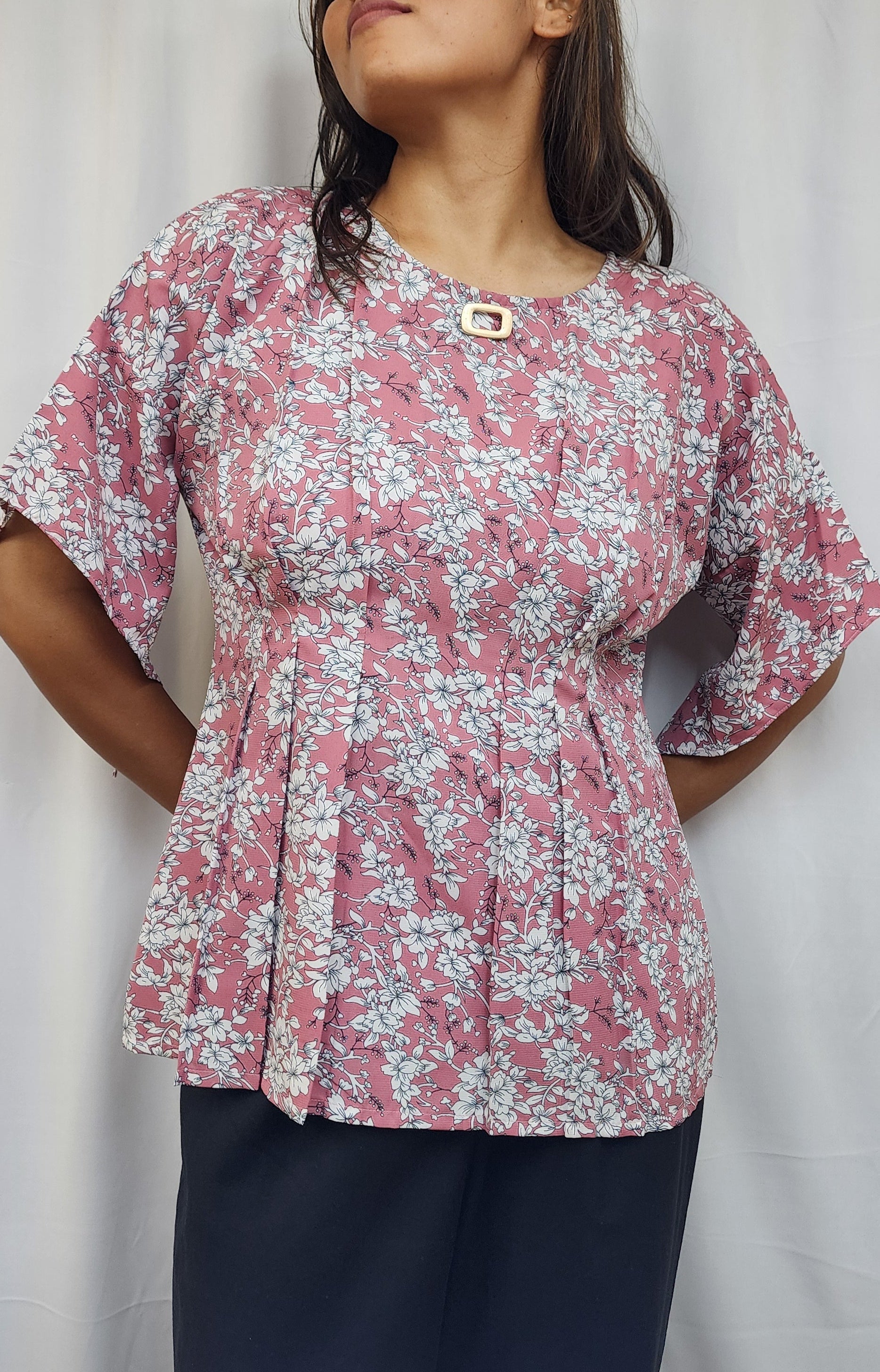 FLORAL PRINT PLEATED TOP - pink