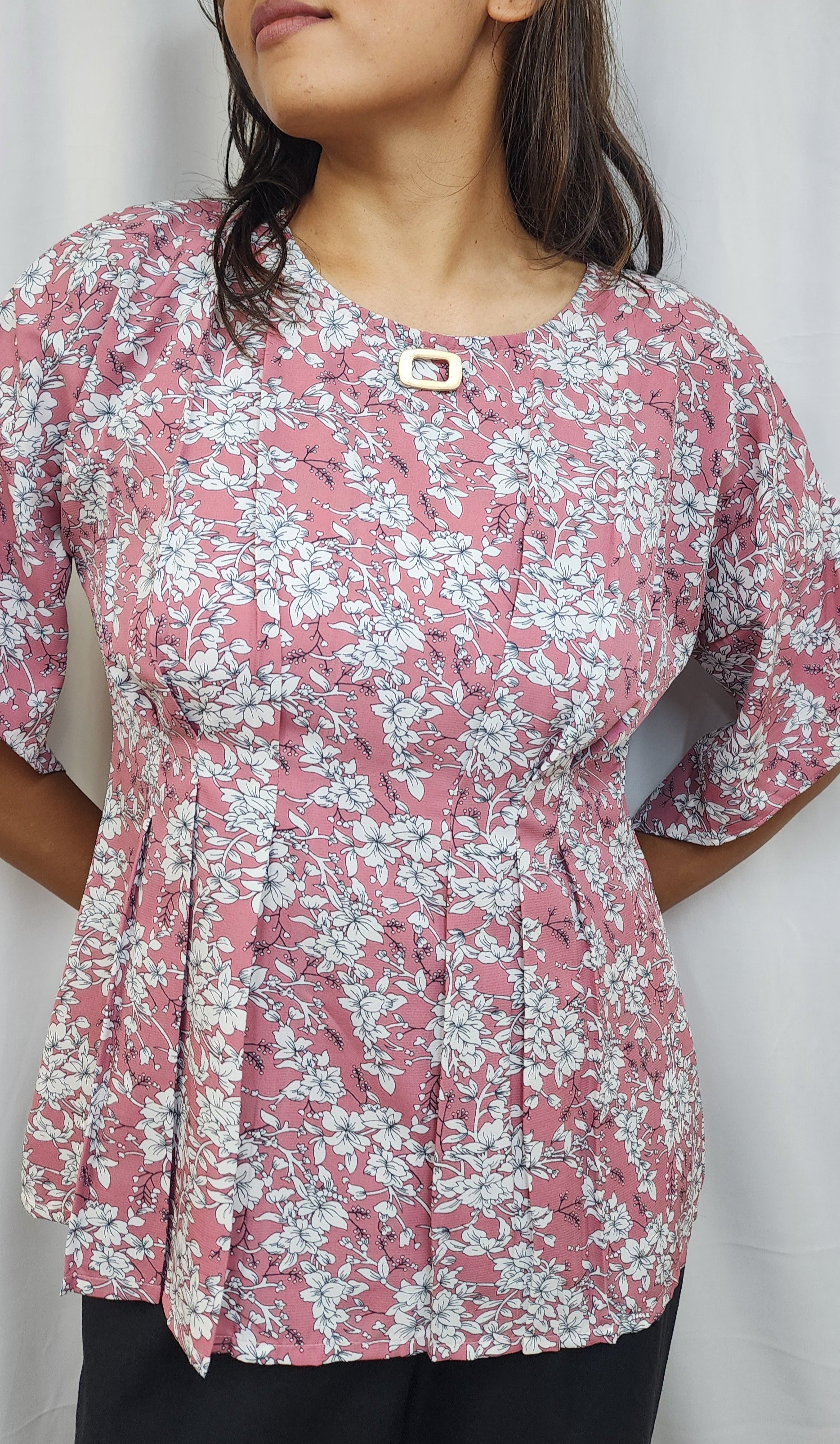 FLORAL PRINT PLEATED TOP - pink