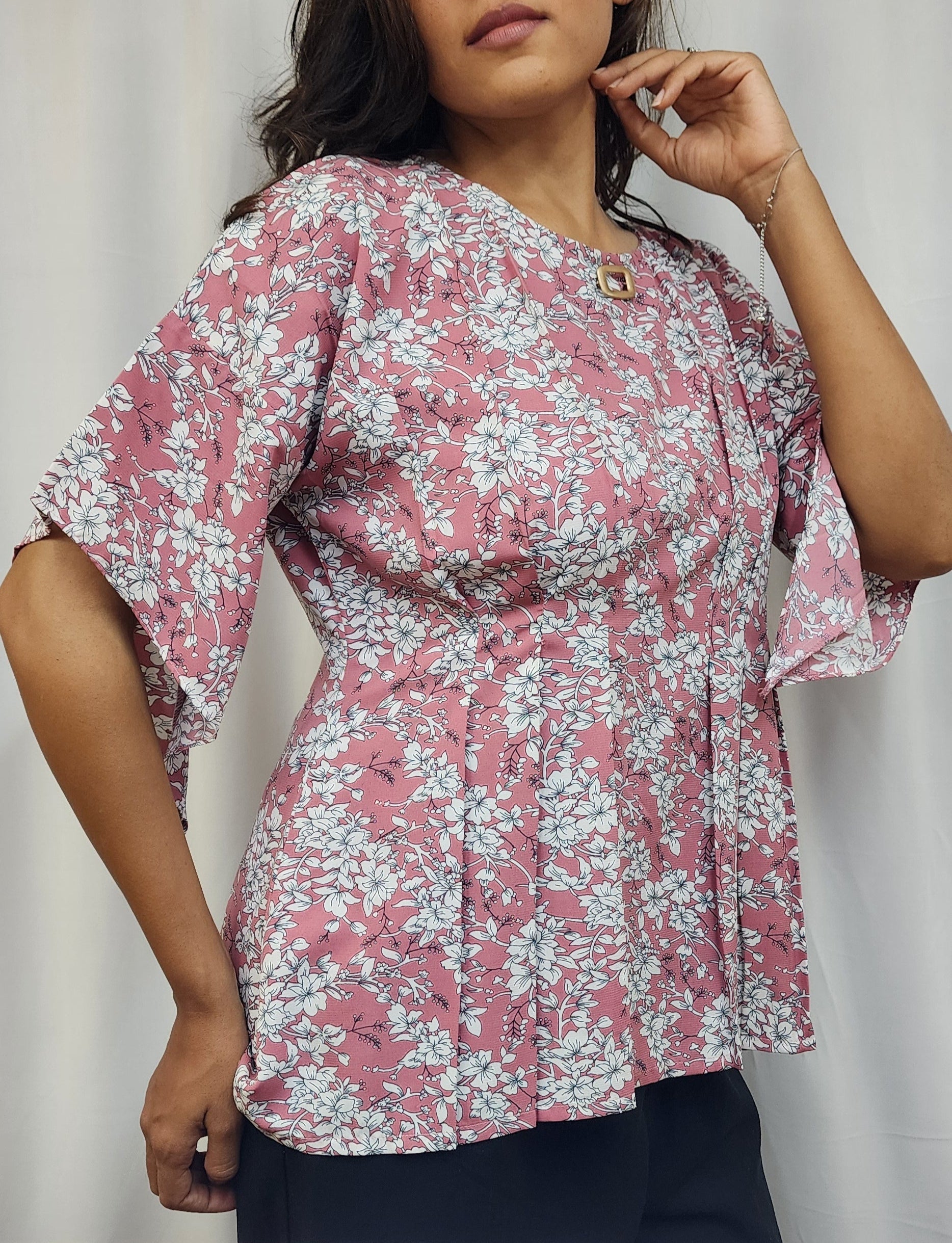 FLORAL PRINT PLEATED TOP - pink