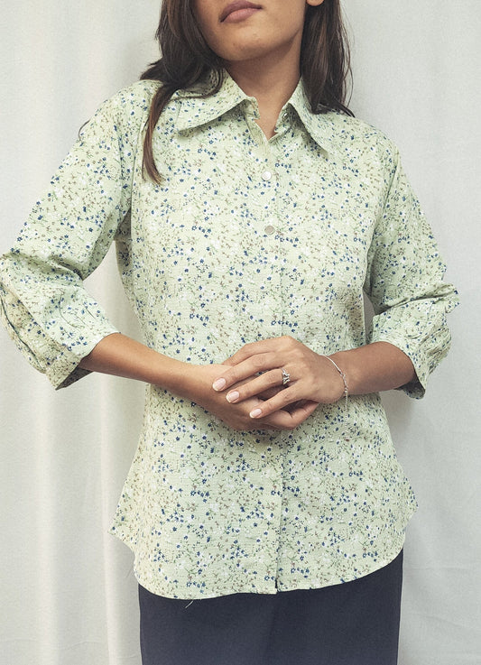 WOMENS FLORAL PRINT FLY COLLAR SHIRT WITH BISHOP SLEEVES
