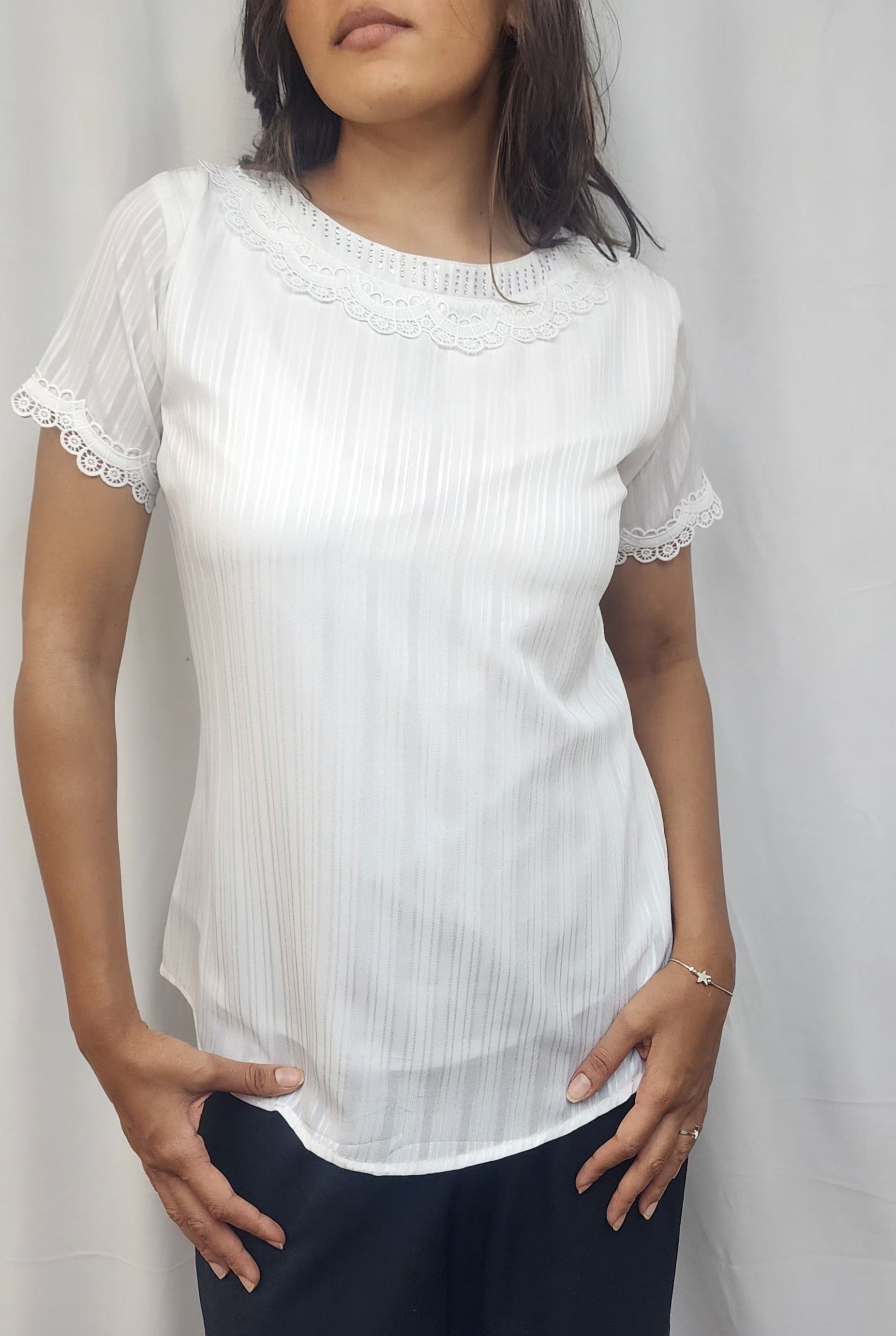 WOMENS SOLID TEXTURED TOP WITH LACE DETAILING ON NECKLINE . DIAMOND EMBELLISHMENT ON NECK & SHORT SLEEVES WITH LACE DETAIL