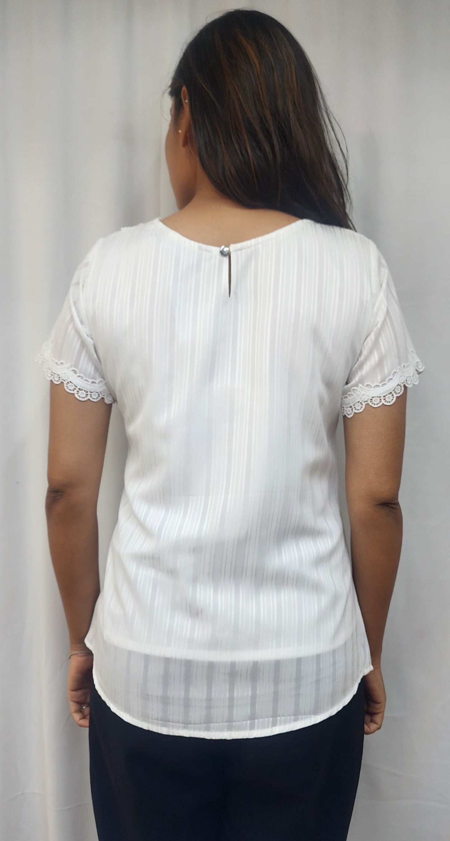 WOMENS SOLID TEXTURED TOP WITH LACE DETAILING ON NECKLINE . DIAMOND EMBELLISHMENT ON NECK & SHORT SLEEVES WITH LACE DETAIL