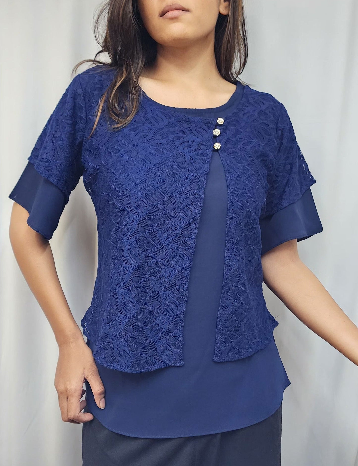 WOMENS BLUE SOLID TOP WITH LAYERED LACE PANEL