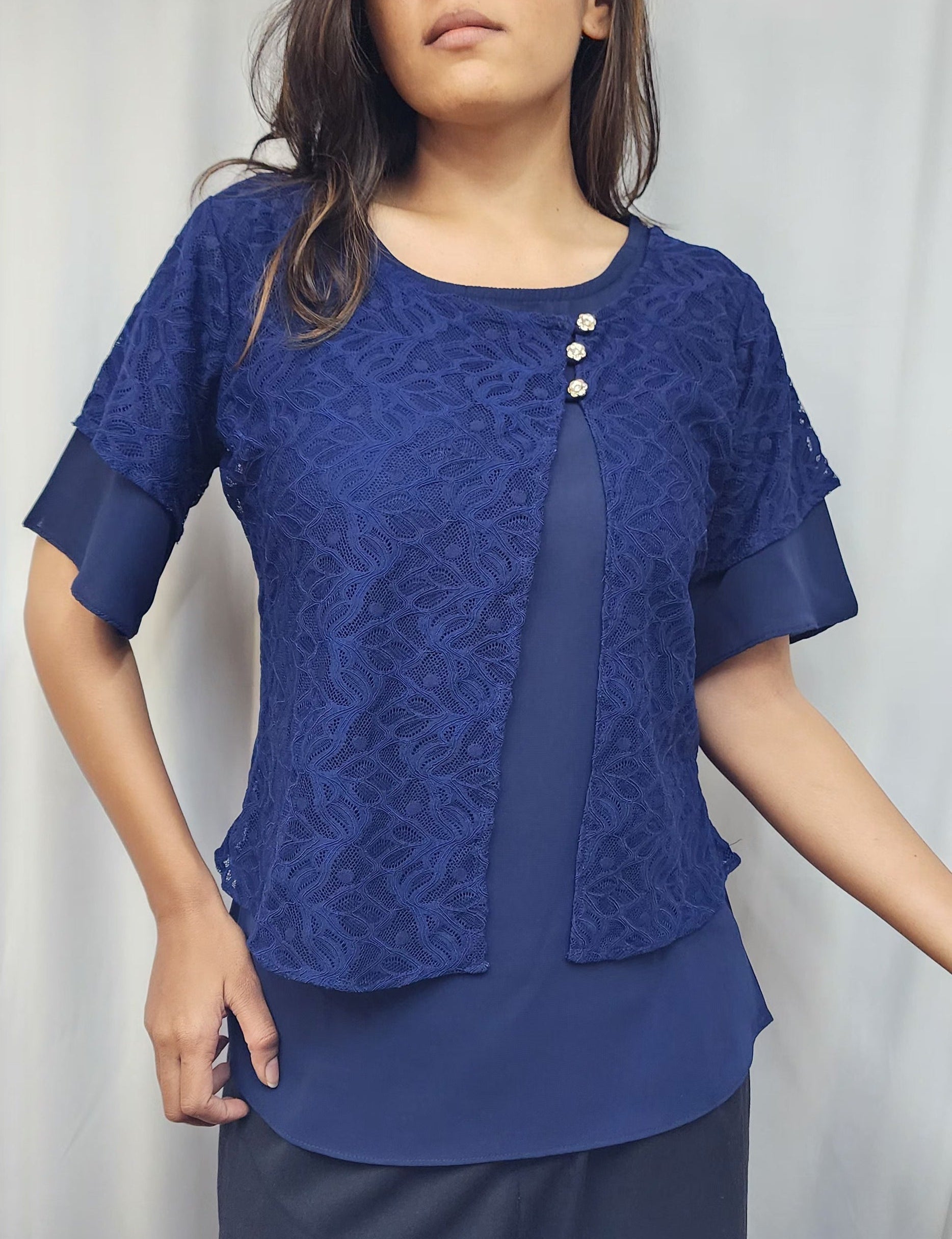 WOMENS BLUE SOLID TOP WITH LAYERED LACE PANEL