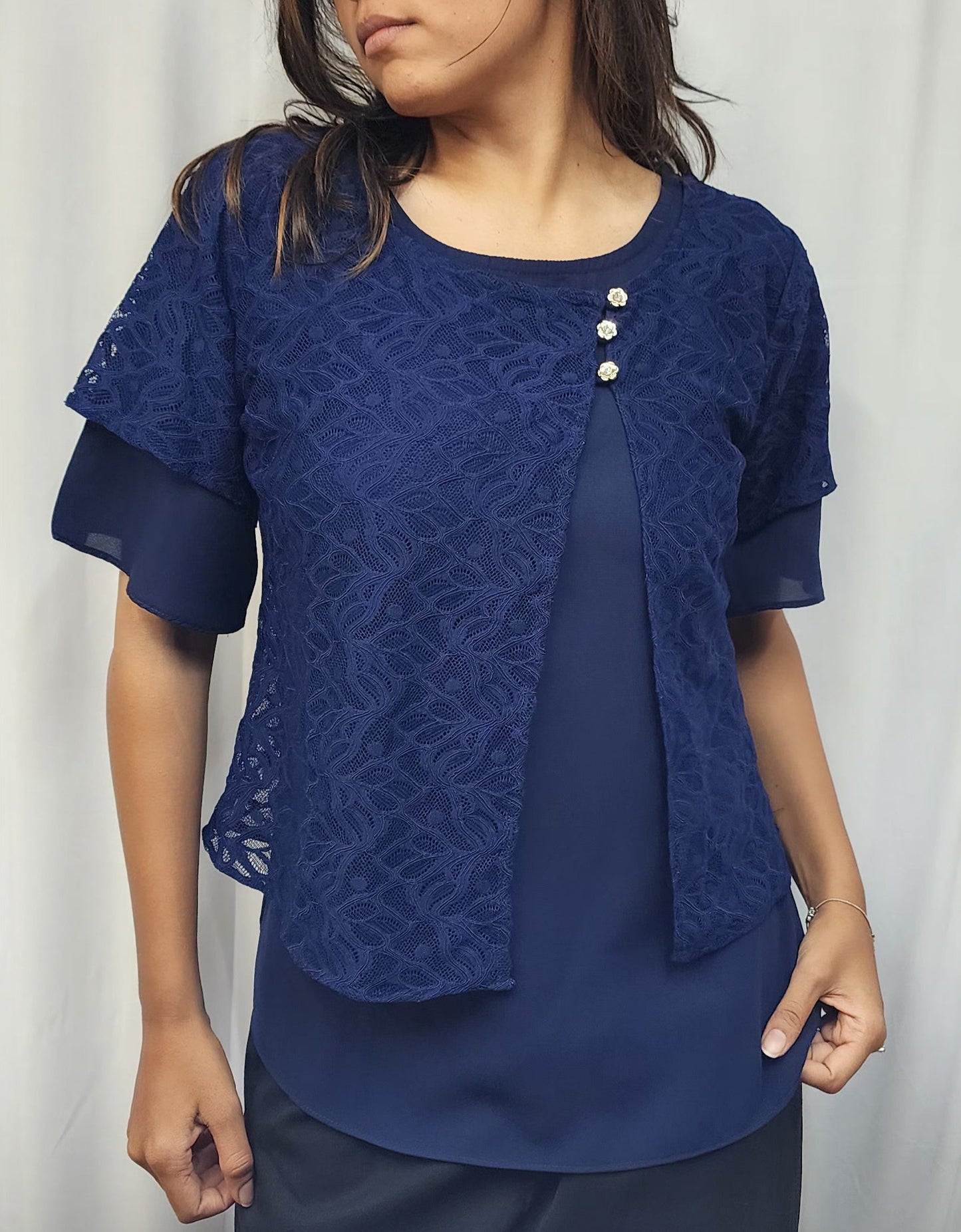 WOMENS SOLID TOP WITH LAYERED LACE PANEL