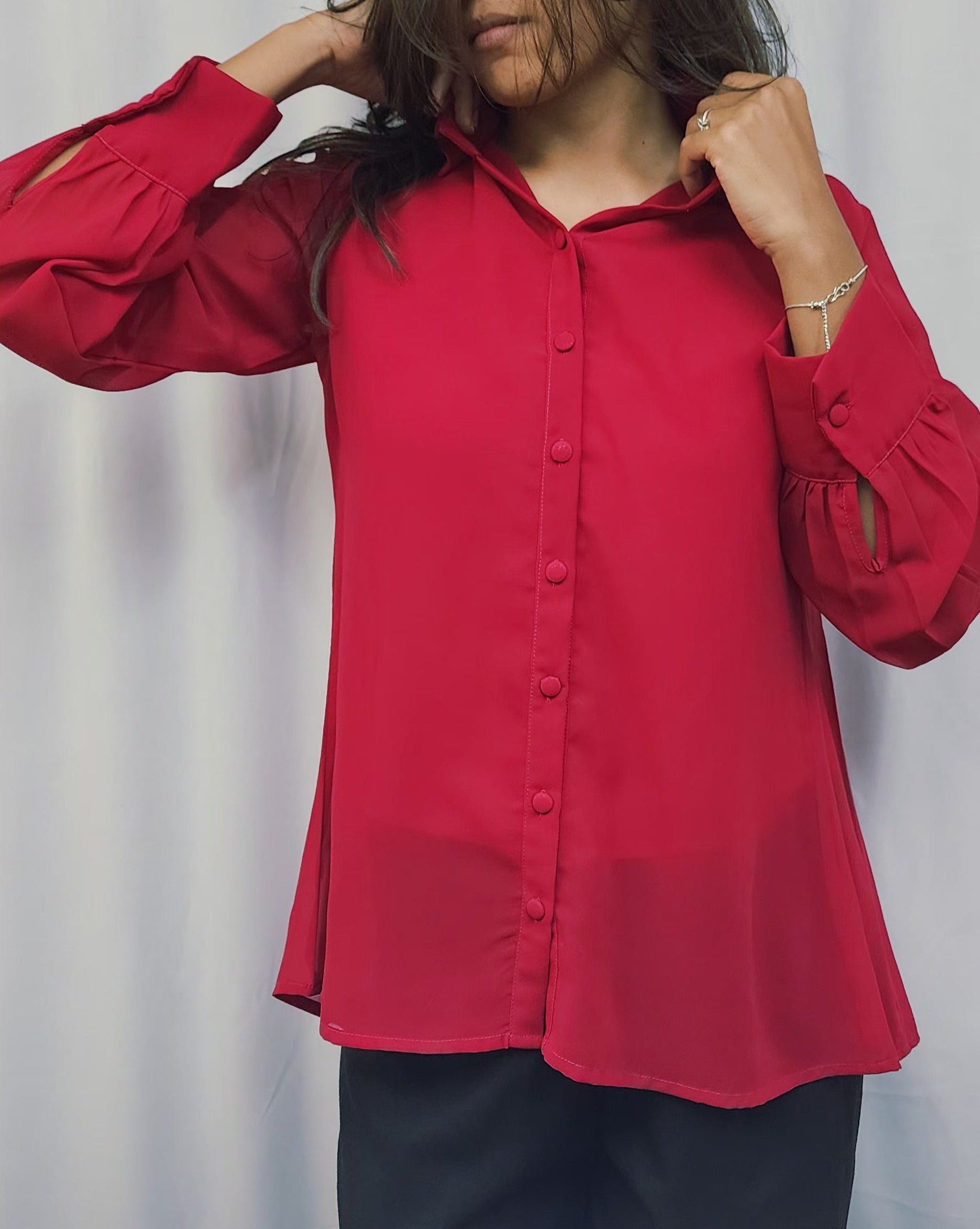WOMENS SOLID HOT PINK SHIRT WITH FLARE. BACK YOKE WITH PLEATED. FLY COLLAR, FULL SLEEVES WITH CUFF