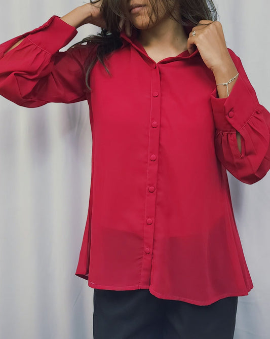 WOMENS SOLID HOT PINK SHIRT WITH FLARE. BACK YOKE WITH PLEATED. FLY COLLAR, FULL SLEEVES WITH CUFF