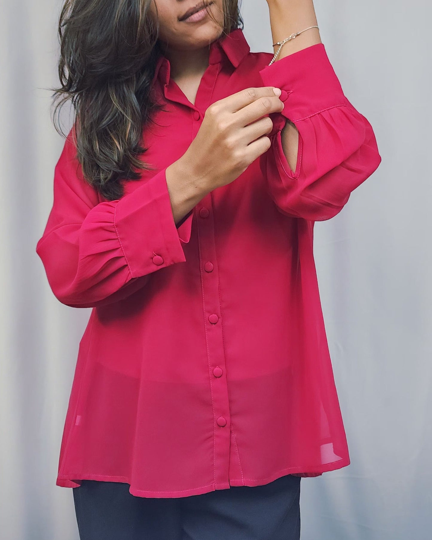 WOMENS SOLID HOT PINK SHIRT WITH FLARE. BACK YOKE WITH PLEATED. FLY COLLAR, FULL SLEEVES WITH CUFF
