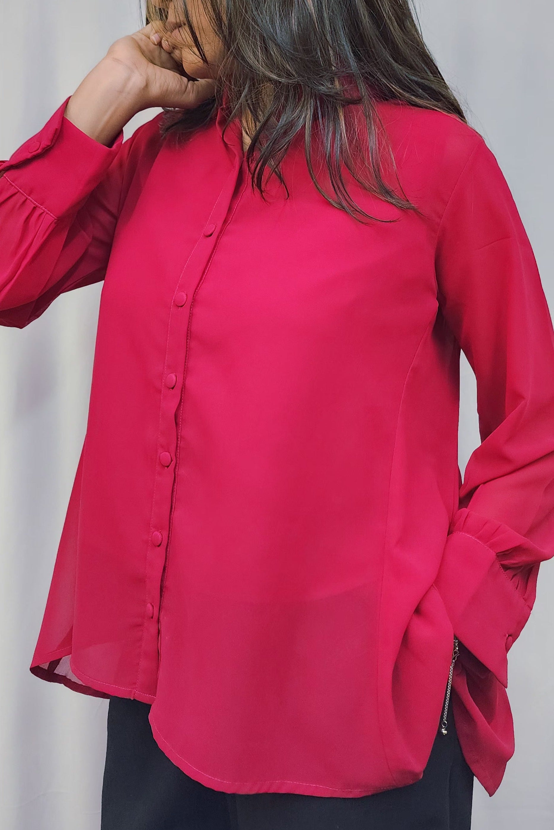 WOMENS SOLID HOT PINK SHIRT WITH FLARE. BACK YOKE WITH PLEATED. FLY COLLAR, FULL SLEEVES WITH CUFF