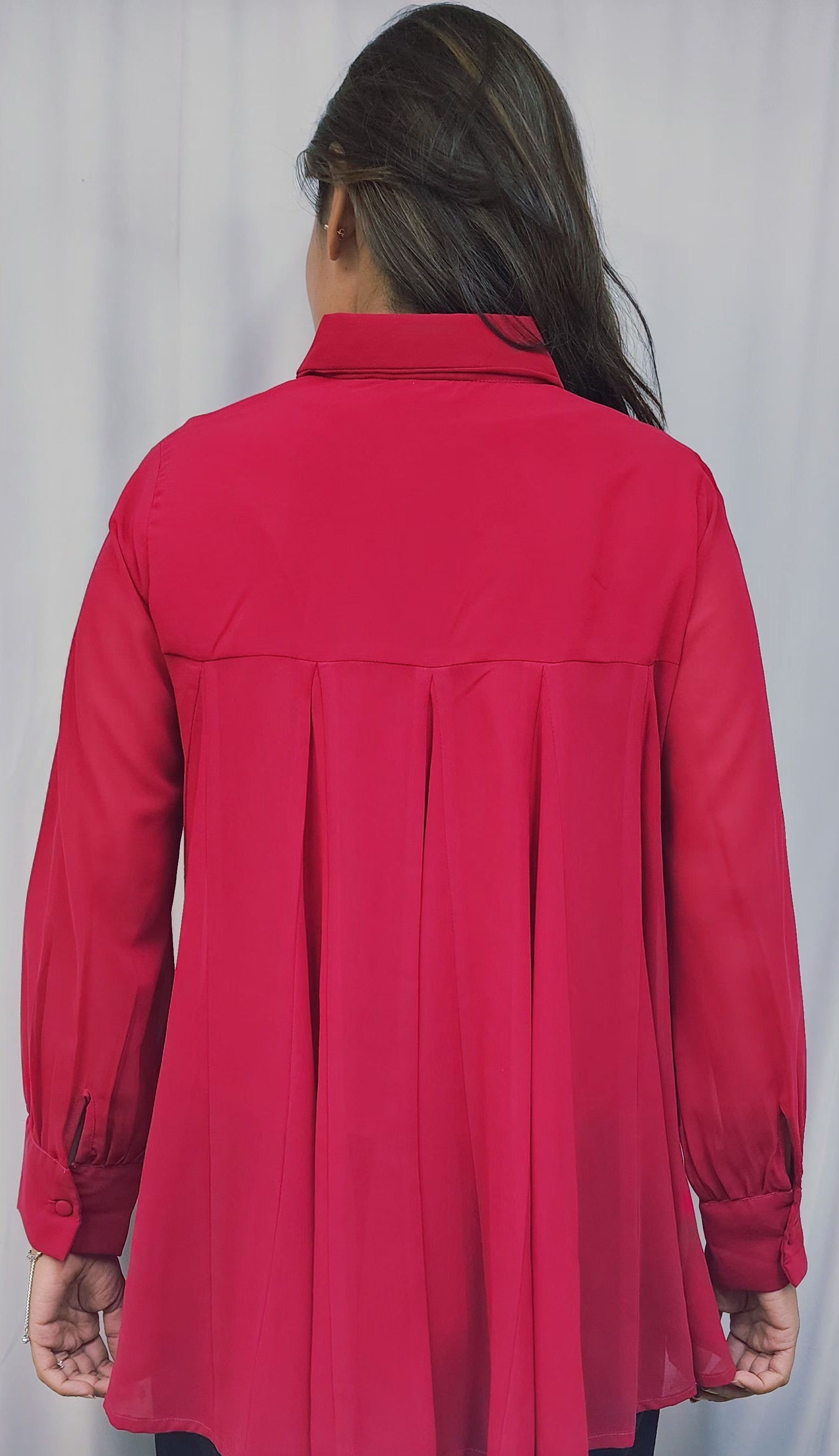 WOMENS SOLID HOT PINK SHIRT WITH FLARE. BACK YOKE WITH PLEATED. FLY COLLAR, FULL SLEEVES WITH CUFF