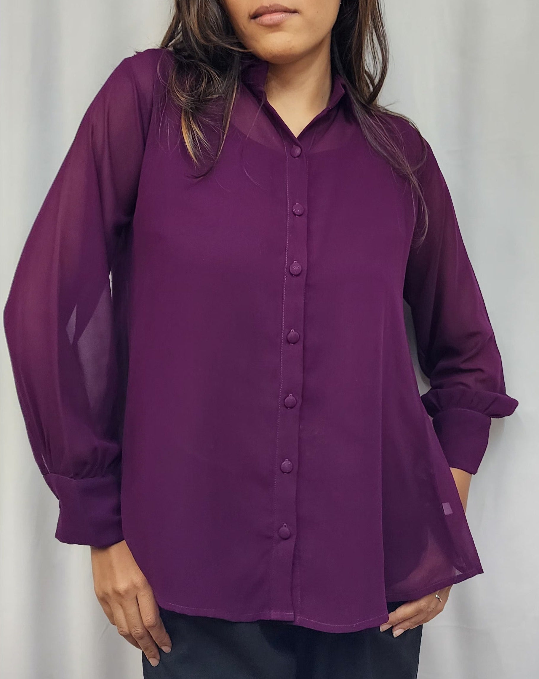 WOMENS SOLID PURPLE SHIRT WITH FLARE. BACK YOKE WITH PLEATED. FLY COLLAR, FULL SLEEVES WITH CUFF
