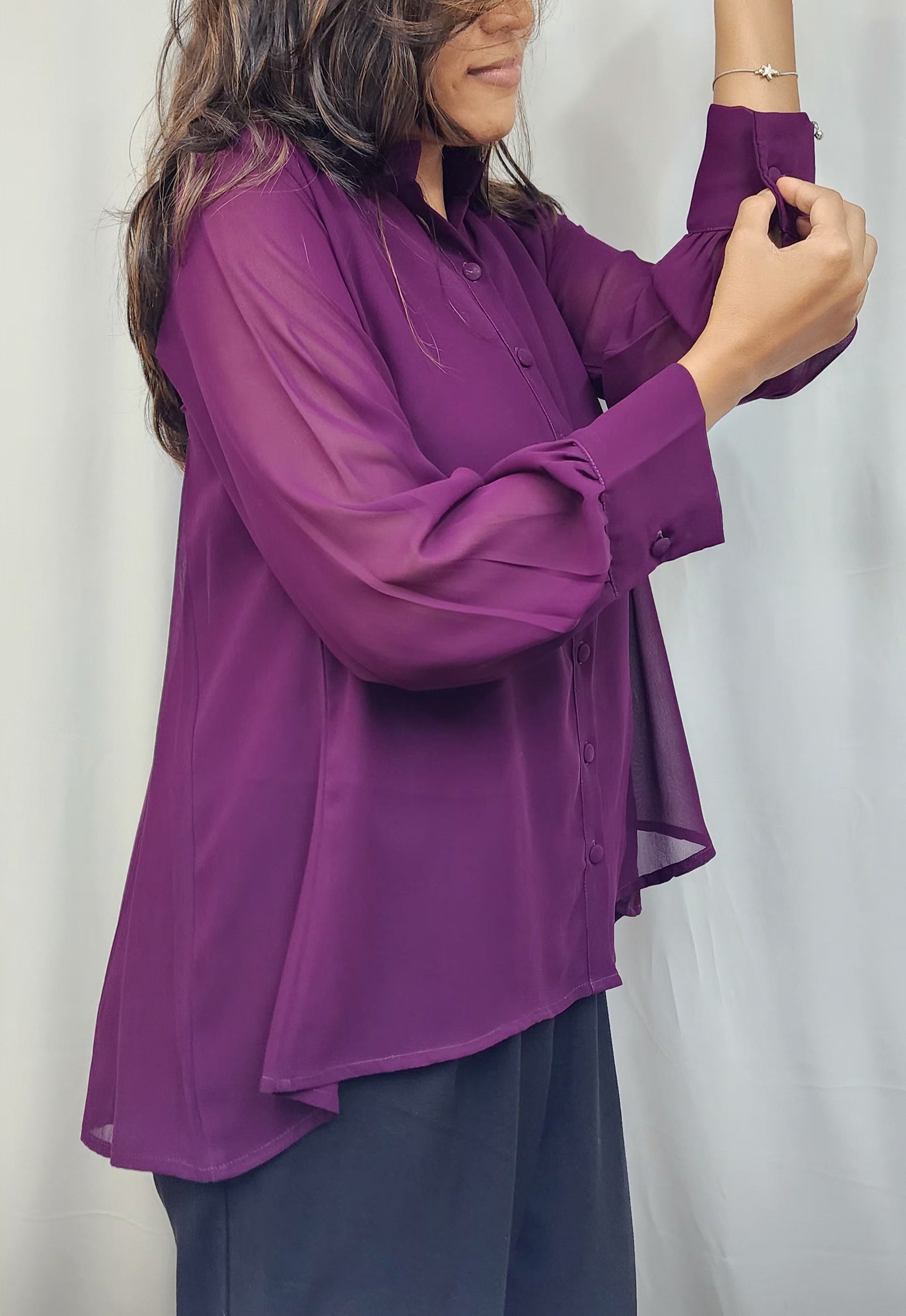 WOMENS SOLID PURPLE SHIRT WITH FLARE. BACK YOKE WITH PLEATED. FLY COLLAR, FULL SLEEVES WITH CUFF