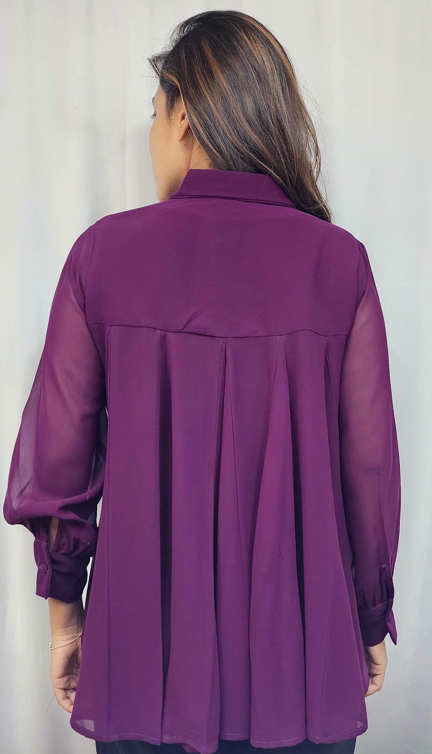 WOMENS SOLID PURPLE SHIRT WITH FLARE. BACK YOKE WITH PLEATED. FLY COLLAR, FULL SLEEVES WITH CUFF
