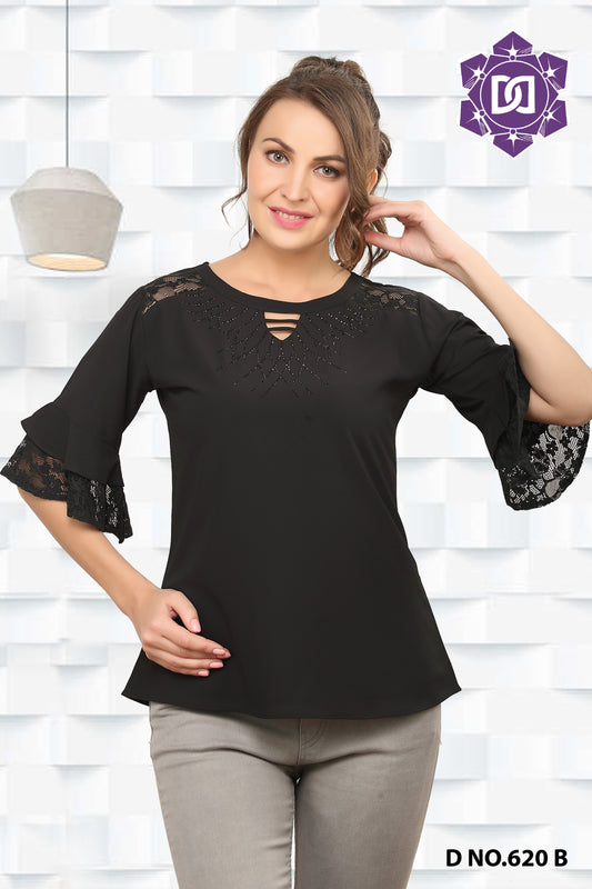A woman wearing a black western top with lace detailing and a round neckline.