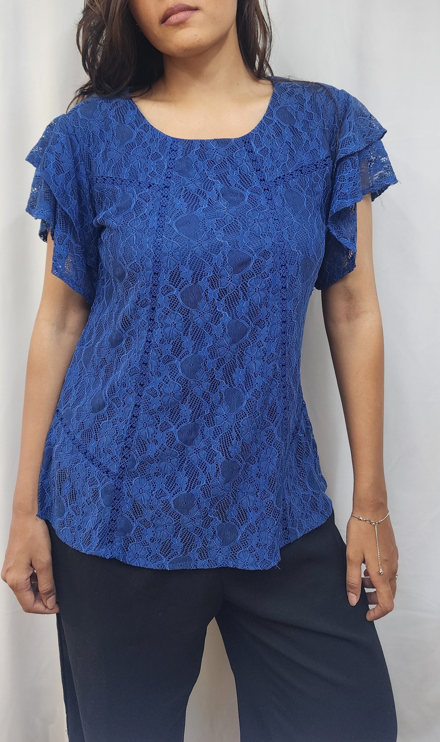 WOMENS FLORAL LACE TOP WITH LACE DETAILING & DOUBLE LAYERED RUFFLE SLEEVES IN BLUE