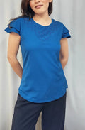 SOLID DIAMOND EMBELLISHED TOP WITH RUFFLE SLEEVES - BLUE
