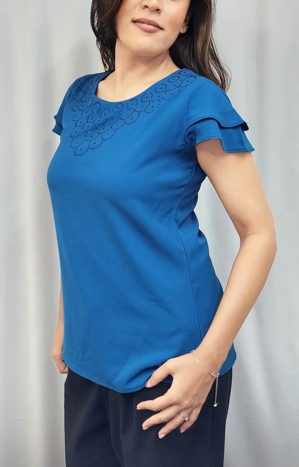 SOLID DIAMOND EMBELLISHED TOP WITH RUFFLE SLEEVES - BLUE