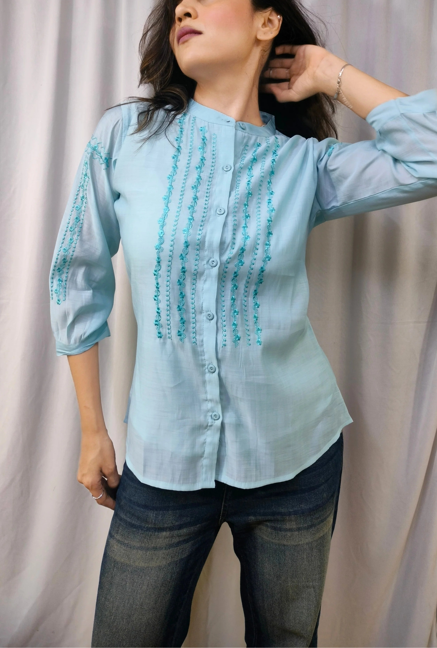 Sky Blue Embroidered Cotton Top