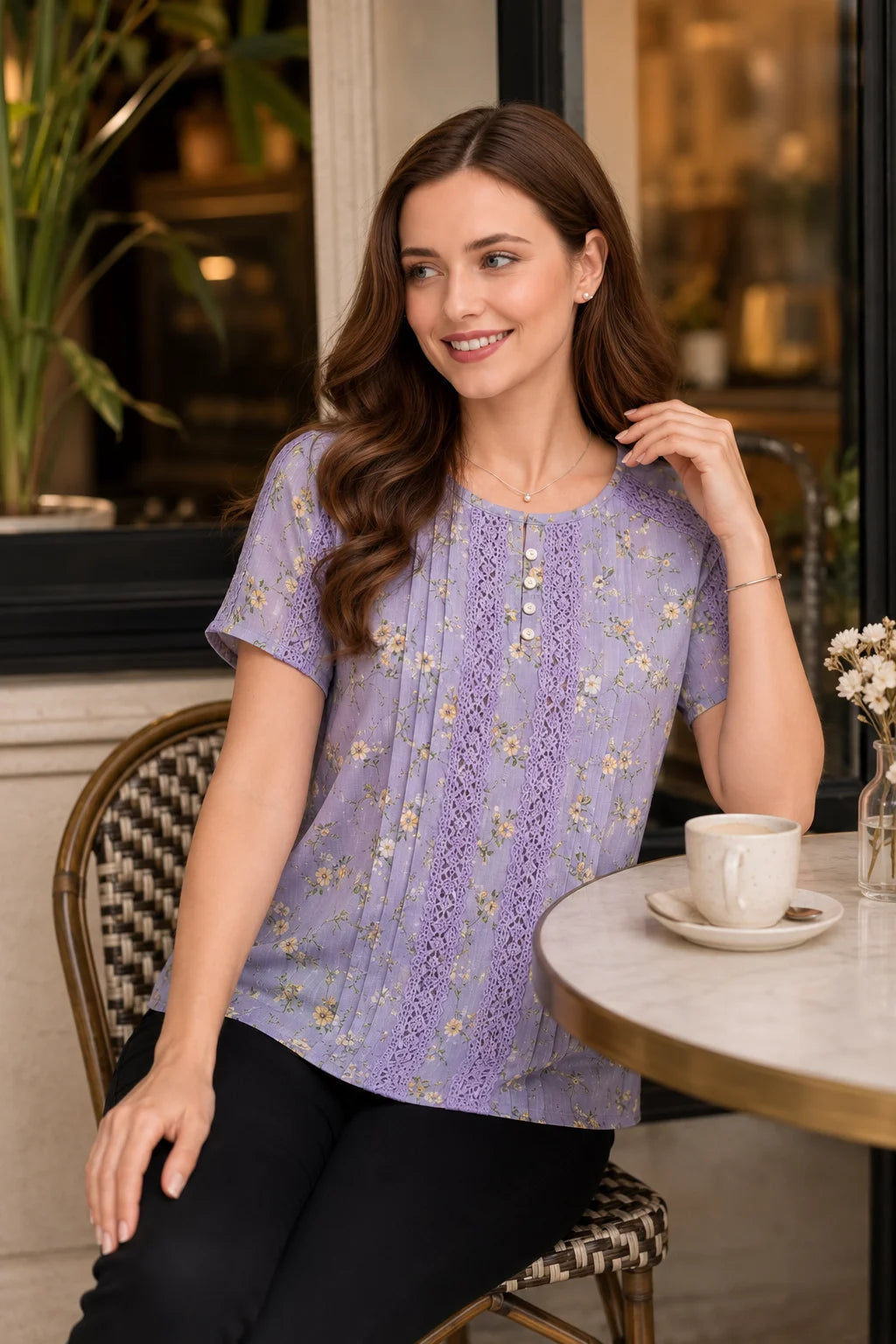 A woman wearing a lavender short-sleeve blouse with a floral lace pattern and buttoned front, seated at an outdoor cafe table with a coffee cup.